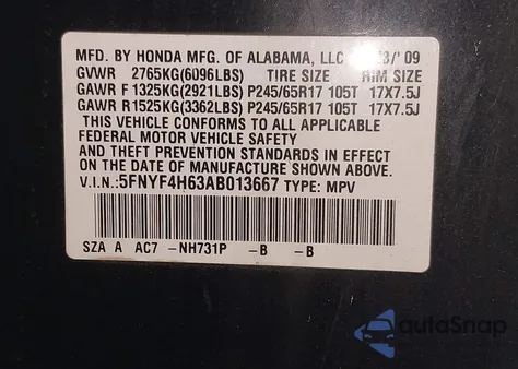 2010 Honda Pilot Ex-L from USA, damaged, VIN 5FNYF4H63AB013667